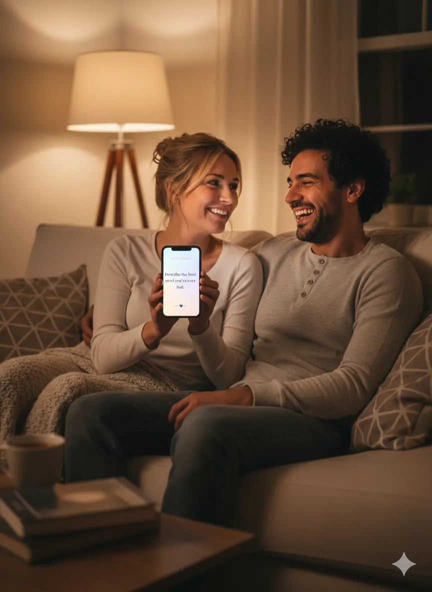 Couple playing a digital relationship game on a couch